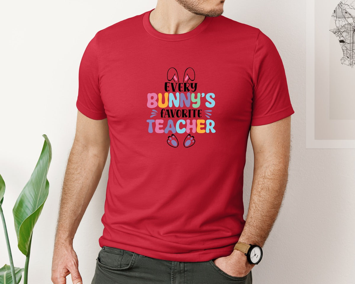 brand:Bella Canvas|color:Red|Every Bunnys Favorite Teacher Easter 9 Graphic T-Shirt