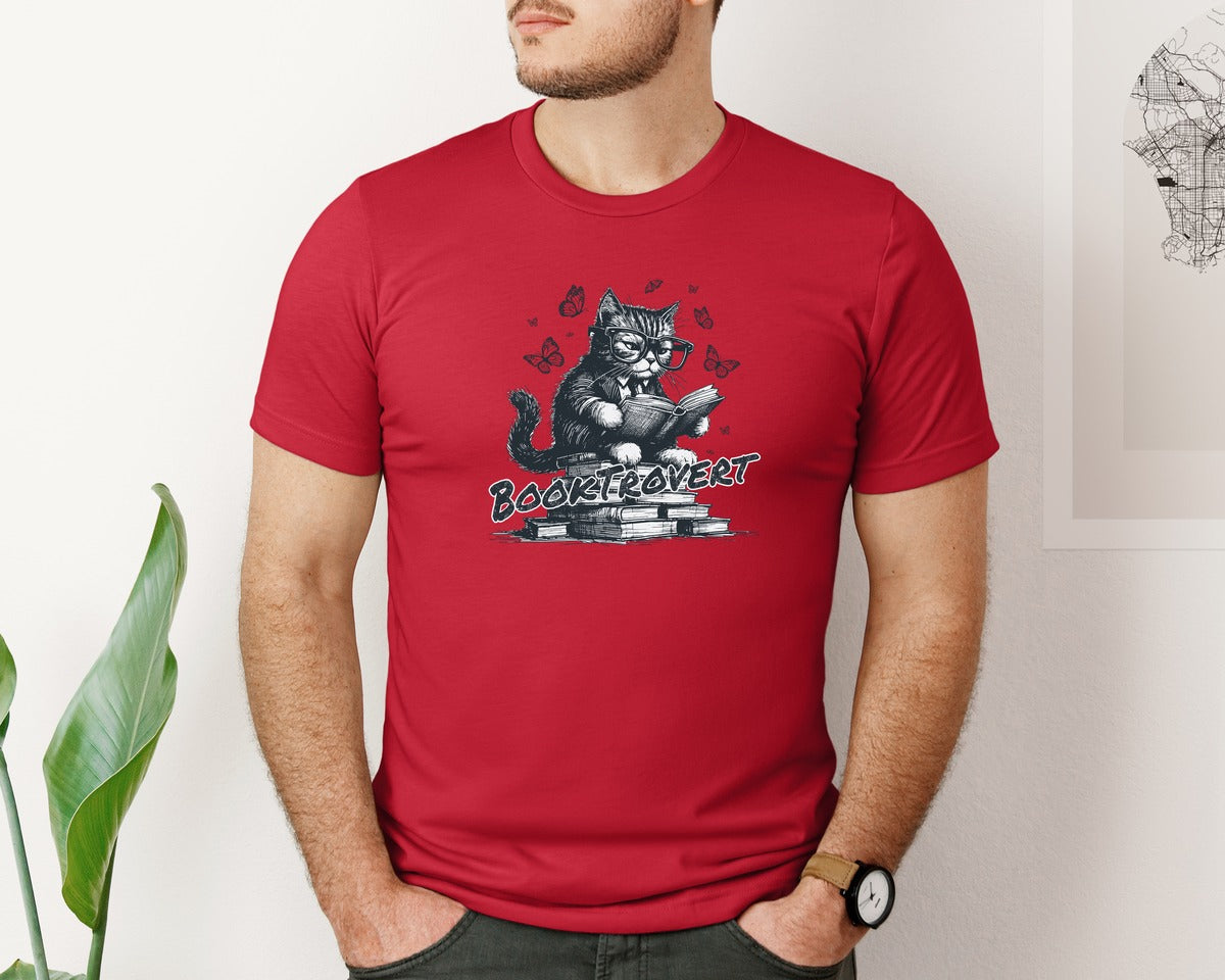 brand:Bella Canvas|color:Red|Book Trovert Reading Cat Shirt Graphic T-Shirt