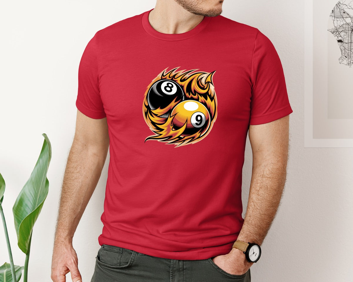 brand:Bella Canvas|color:Red|Flaming 8 9 Ball Billiards Graphic T-Shirt