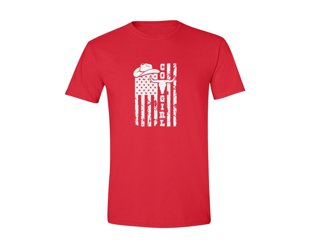 brand:Generic|color:Red|Cowgirl American Flag Design Graphic T-Shirt