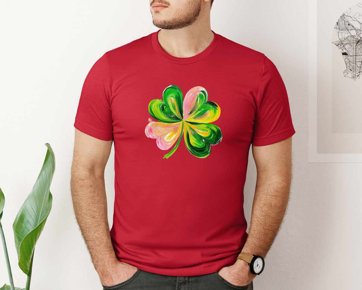 brand:Bella Canvas|color:Red|Brushstroke Shamrock Graphic T-Shirt