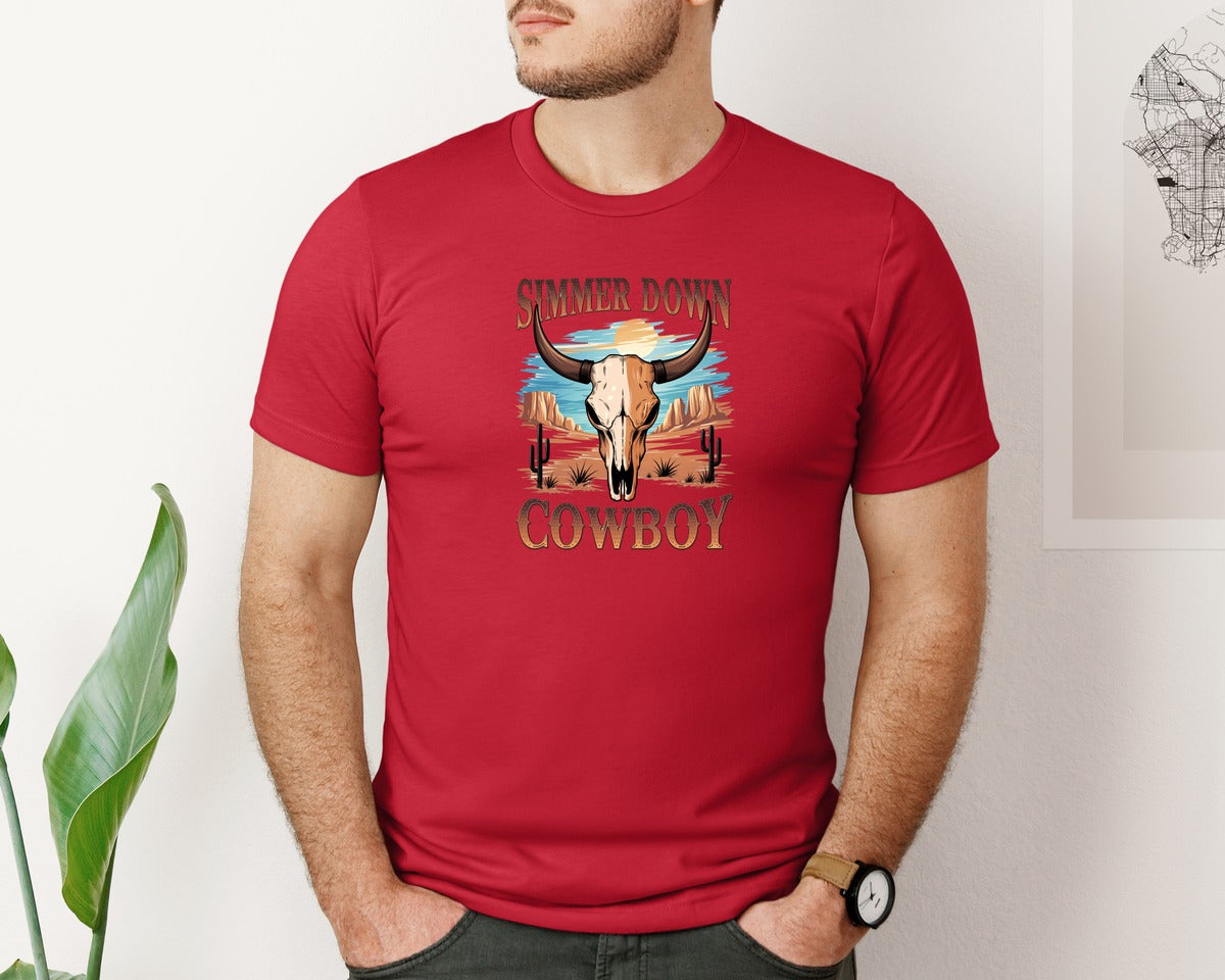 brand:Bella Canvas|color:Red|Simmer Down Cowboy Western Skull 5 Graphic T-Shirt