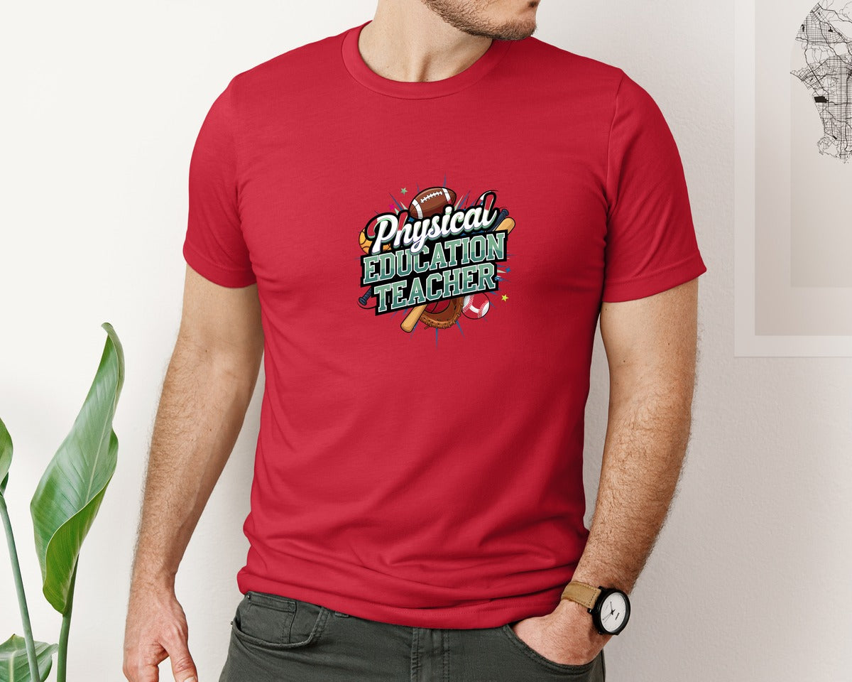 brand:Bella Canvas|color:Red|Physical Education Teacher 2 Graphic T-Shirt