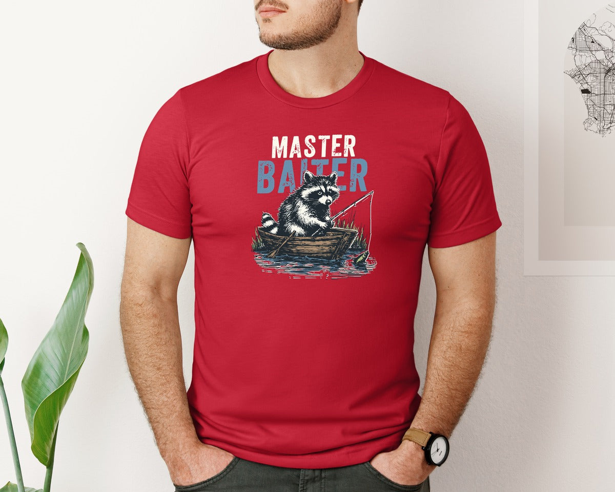 brand:Bella Canvas|color:Red|Master Baiter Raccoon Fishing Shirt Graphic T-Shirt