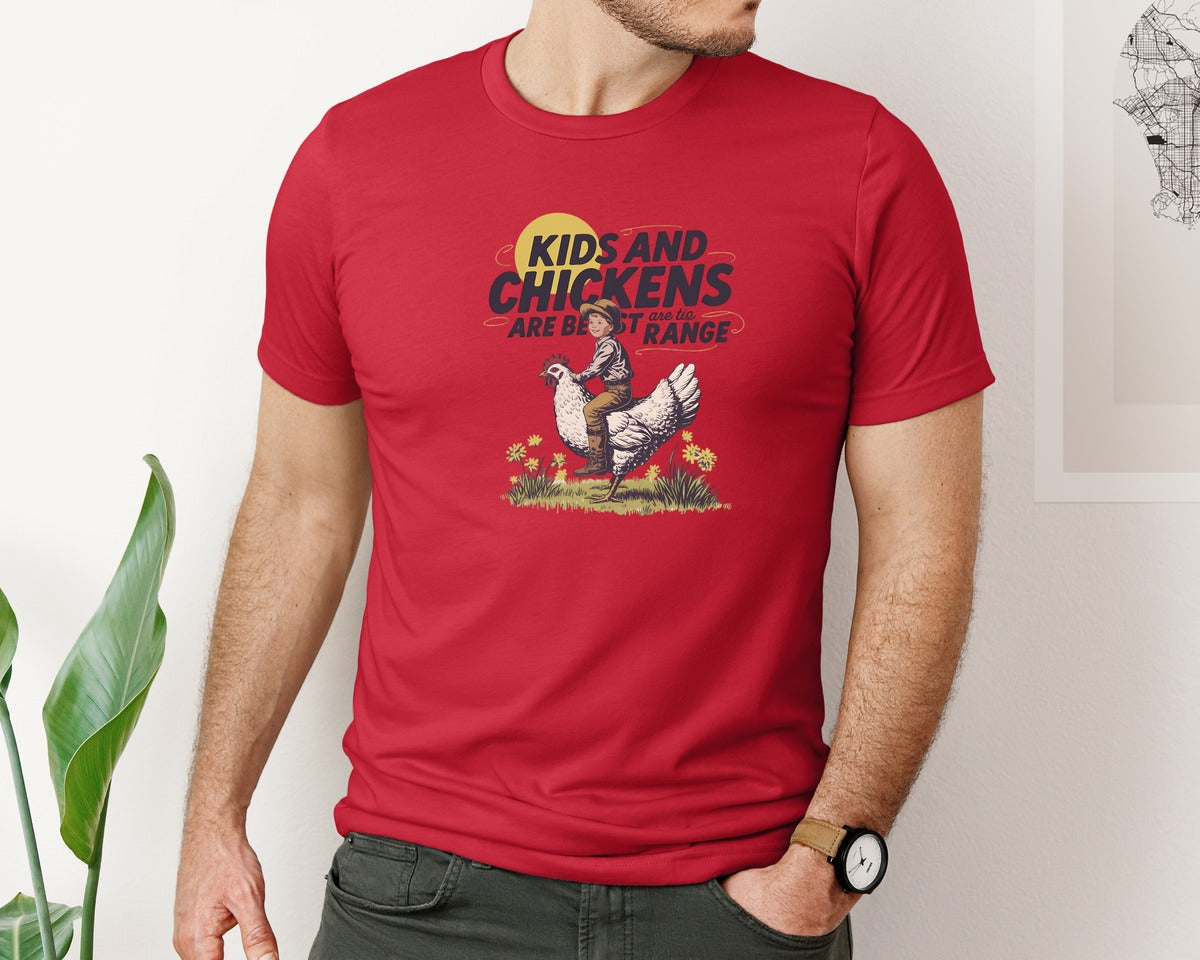 brand:Bella Canvas|color:Red|Kids And Chickens Vintage Farm Graphic T-Shirt