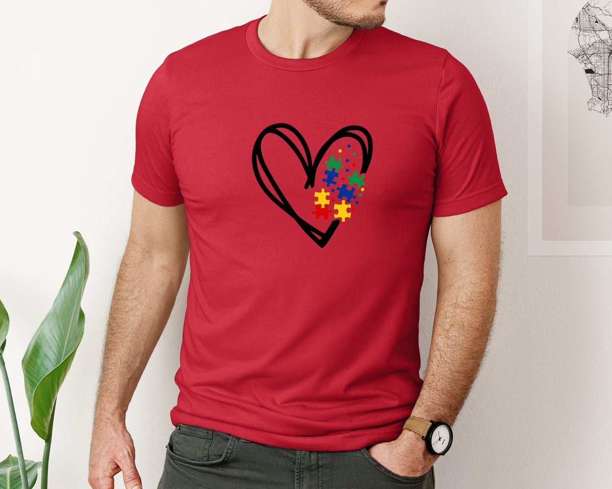 brand:Bella Canvas|color:Red|Autism Heart Autism Puzzle Graphic T-Shirt