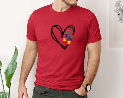brand:Bella Canvas|color:Red|Autism Heart Autism Puzzle Graphic T-Shirt
