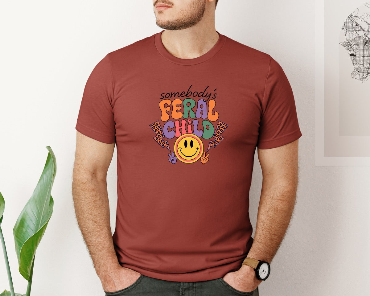 brand:Bella Canvas|color:Rust|Somebodys Feral Child Funny Summer Graphic T-Shirt
