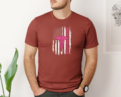 brand:Bella Canvas|color:Rust|Registered Nurse 4Th Of July Usa Flag Graphic T-Shirt