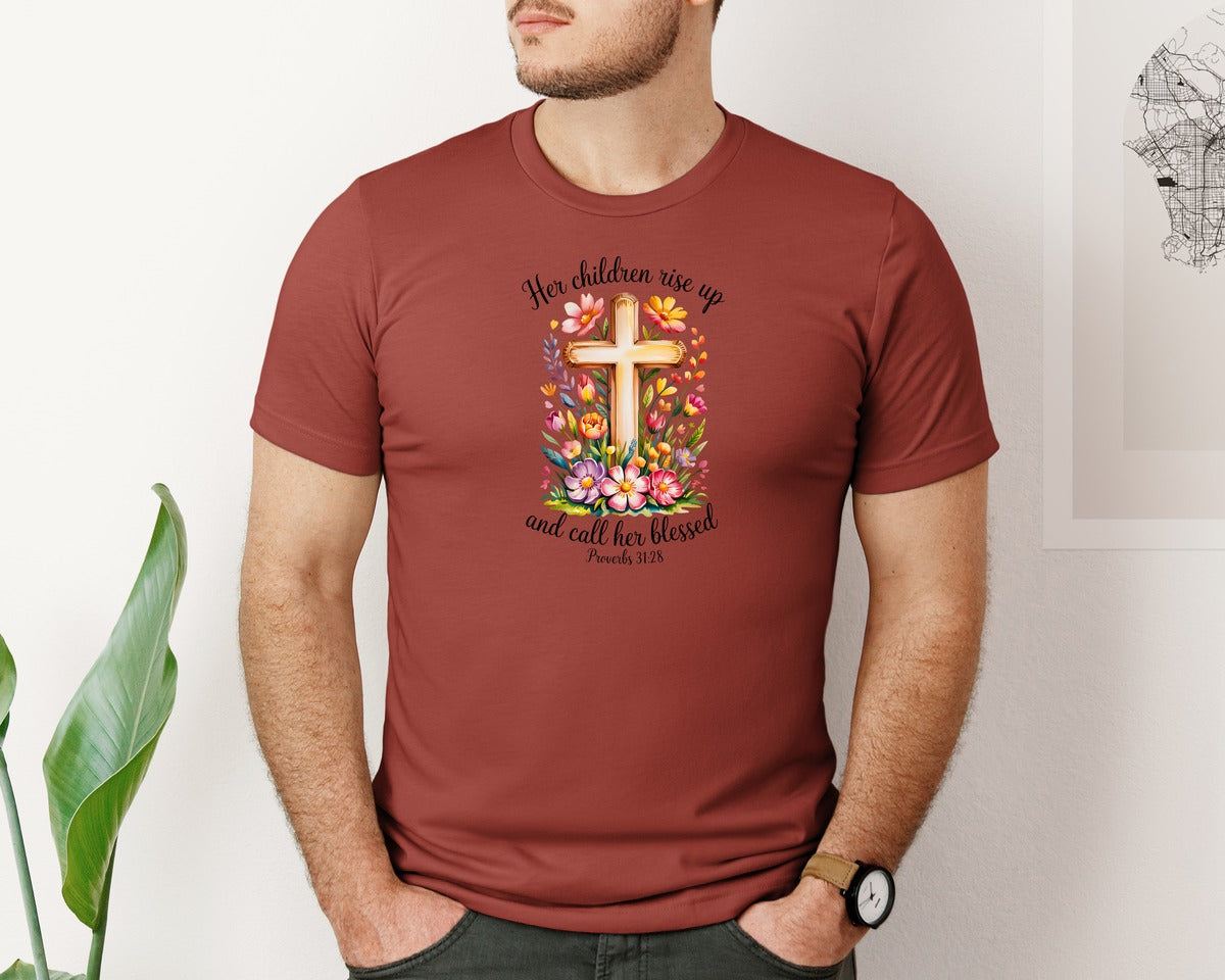 brand:Bella Canvas|color:Rust|Blessed Mom Bible Proverbs 31 28 Quote Graphic T-Shirt