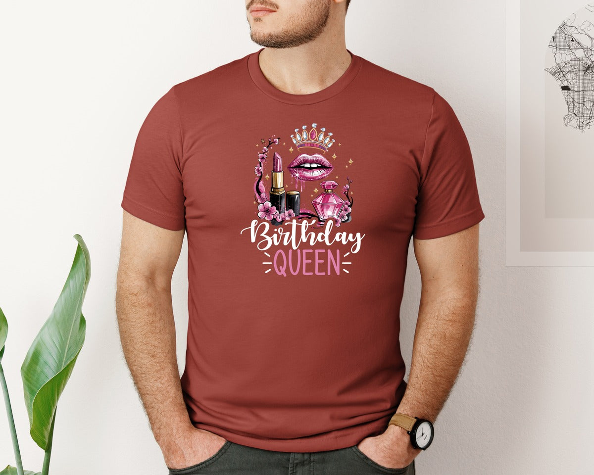 brand:Bella Canvas|color:Rust|Birthday Queen Glam Lips Makeup Sparkle Graphic T-Shirt
