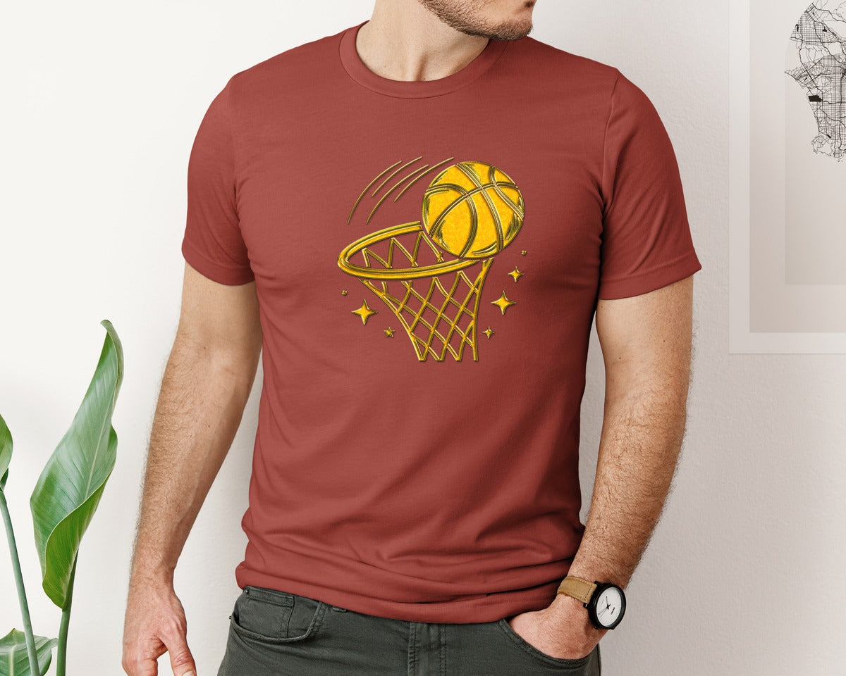 brand:Bella Canvas|color:Rust|Golden Basketball Basketball Hoop Graphic T-Shirt