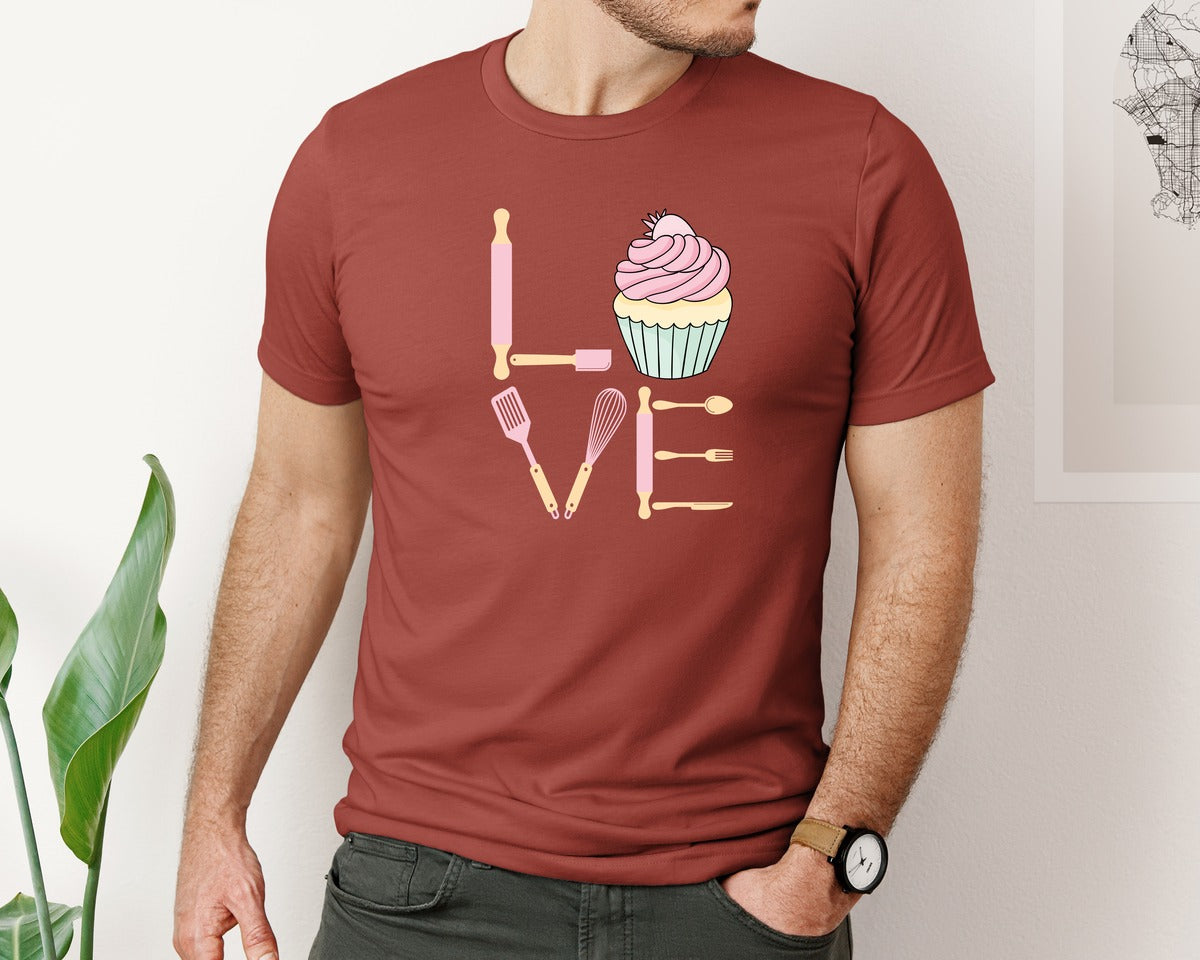 brand:Bella Canvas|color:Rust|Baking Love Cupcake Whisk Spatula Graphic T-Shirt