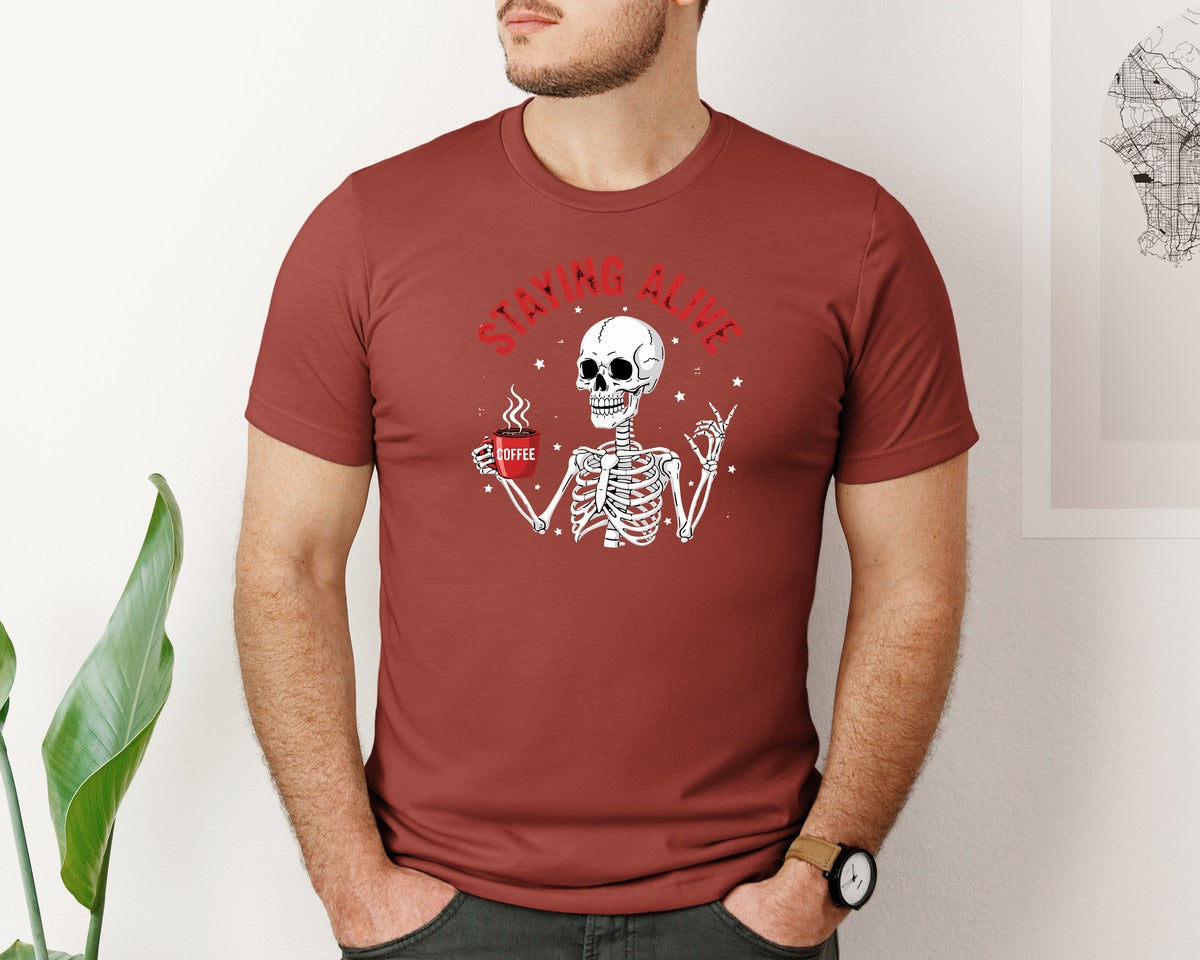 brand:Bella Canvas|color:Rust|Staying Alive Coffee Skeleton Funny Graphic T-Shirt