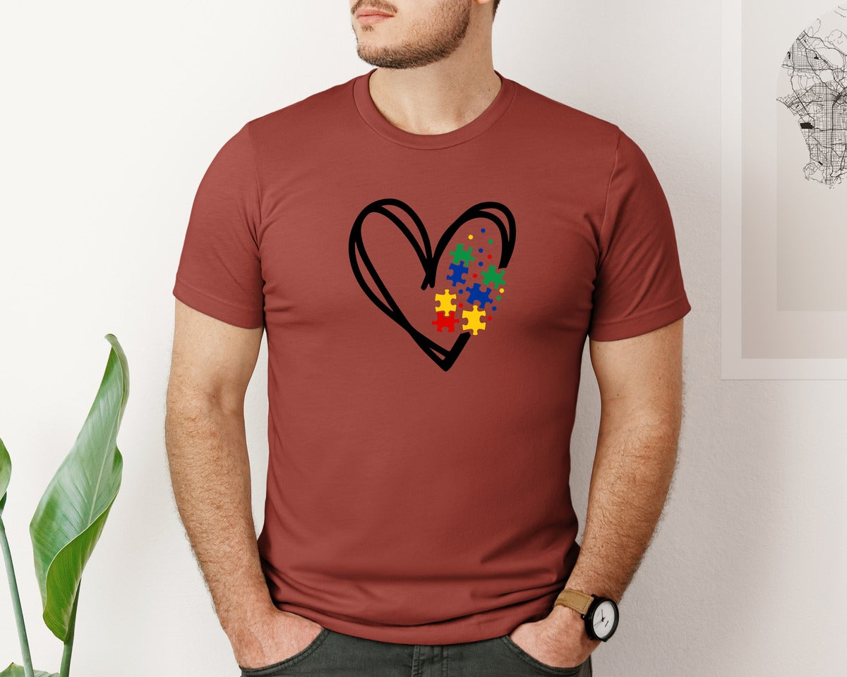 brand:Bella Canvas|color:Rust|Autism Heart Autism Puzzle Graphic T-Shirt
