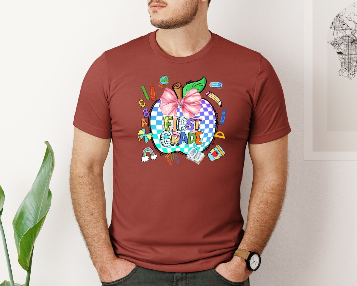 brand:Bella Canvas|color:Rust|First Grade Coquette School Pencil Bow Graphic T-Shirt