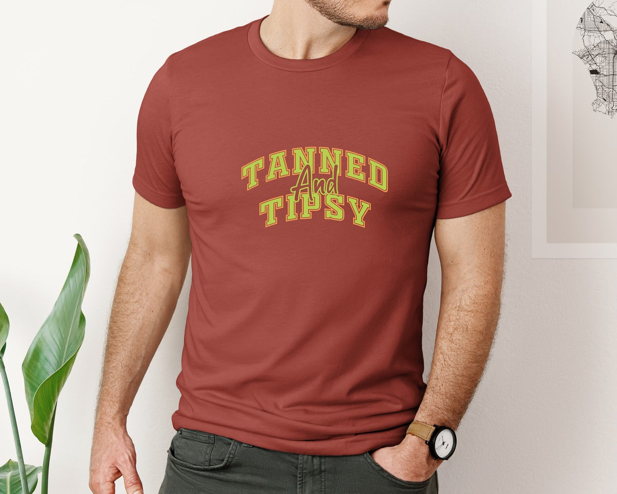 brand:Bella Canvas|color:Rust|Summer Tanned And Tipsy Varsity Graphic T-Shirt