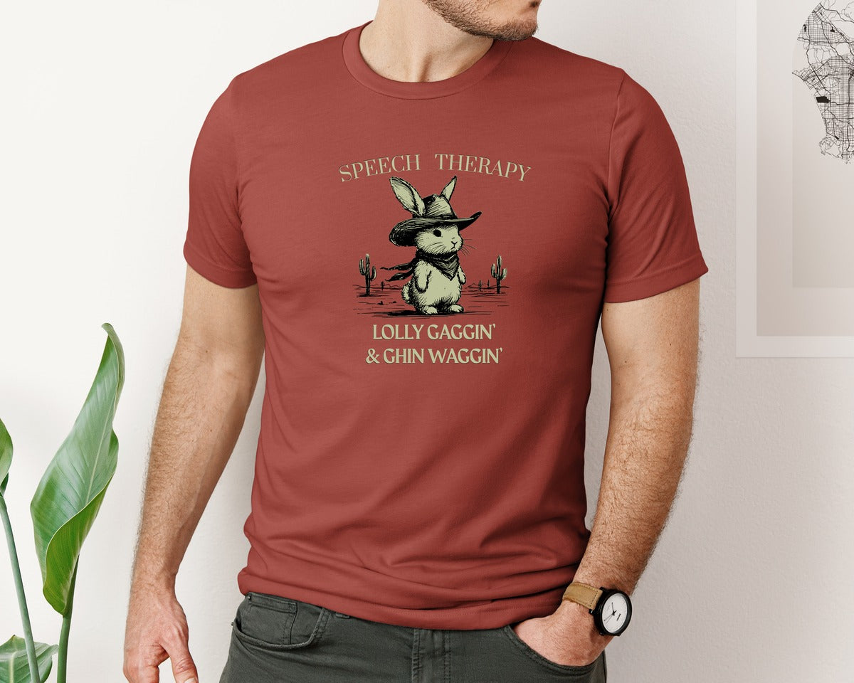 brand:Bella Canvas|color:Rust|Retro Cowboy Bunny Speech Therapy Tee Graphic T-Shirt