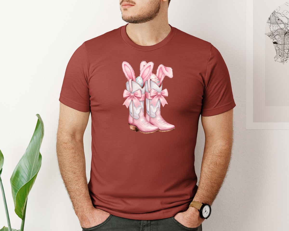 brand:Bella Canvas|color:Rust|Howdy Western Easter Bunny Cowboy Boots Graphic T-Shirt