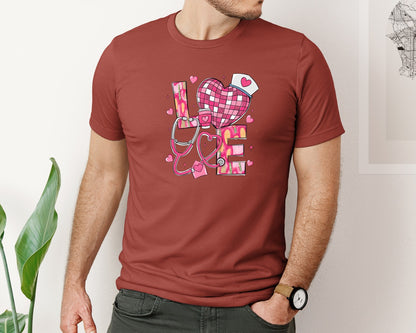brand:Bella Canvas|color:Rust|Nurse Love Valentine Coquette Bow Graphic T-Shirt