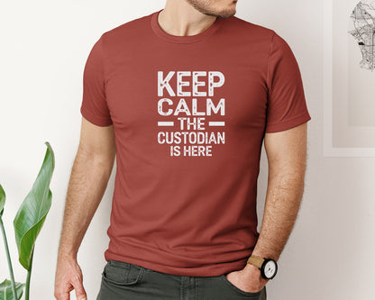 brand:Bella Canvas|color:Rust|Keep Calm Custodian Here Graphic T-Shirt