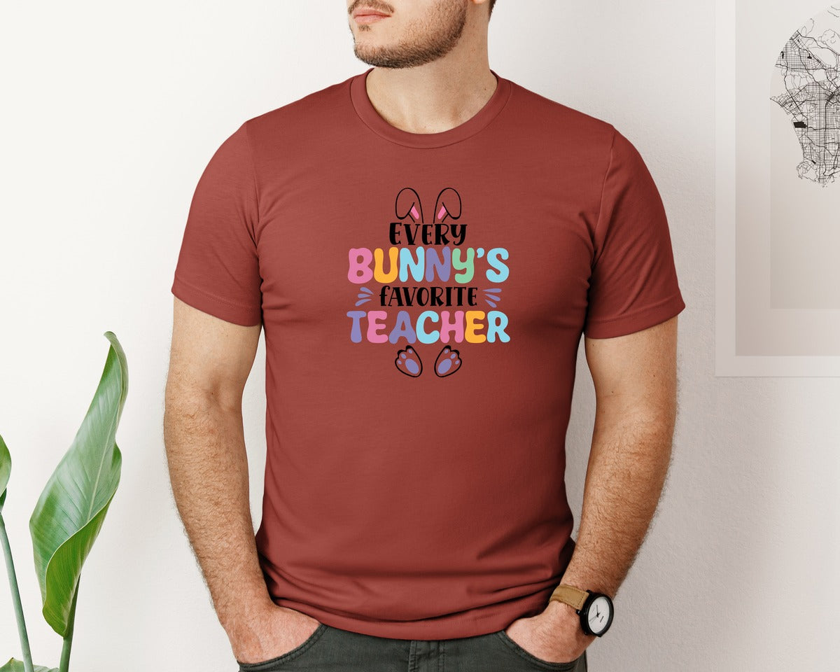 brand:Bella Canvas|color:Rust|Every Bunnys Favorite Teacher Easter 9 Graphic T-Shirt