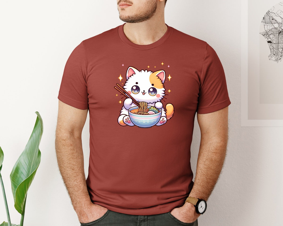 brand:Bella Canvas|color:Rust|Kawaii Cute Cat Earting Ramen Design Graphic T-Shirt
