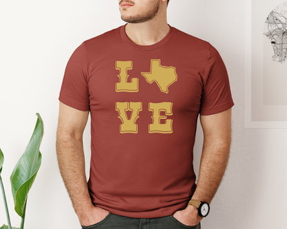 brand:Bella Canvas|color:Rust|Love Text With Texas Map Graphic T-Shirt