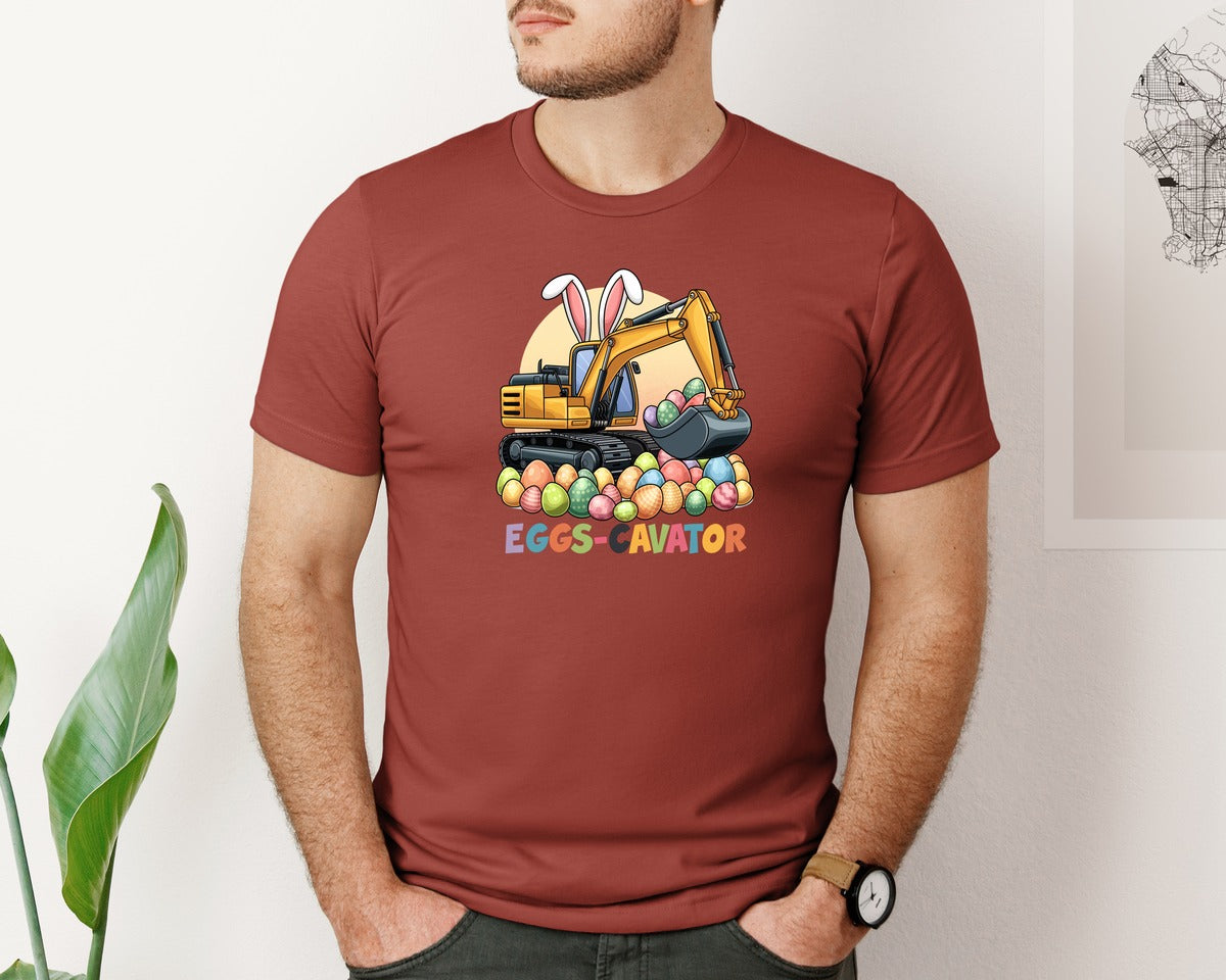 brand:Bella Canvas|color:Rust|Eggs Cavator Easter Excavator 2 Graphic T-Shirt