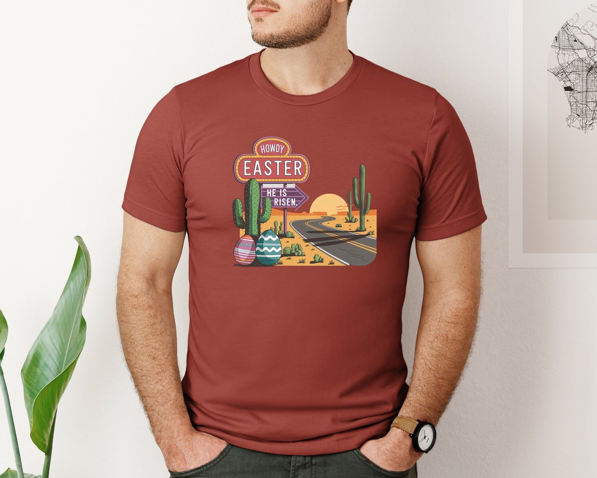 brand:Bella Canvas|color:Rust|Howdy Easter Western Desert Easter 3 Graphic T-Shirt