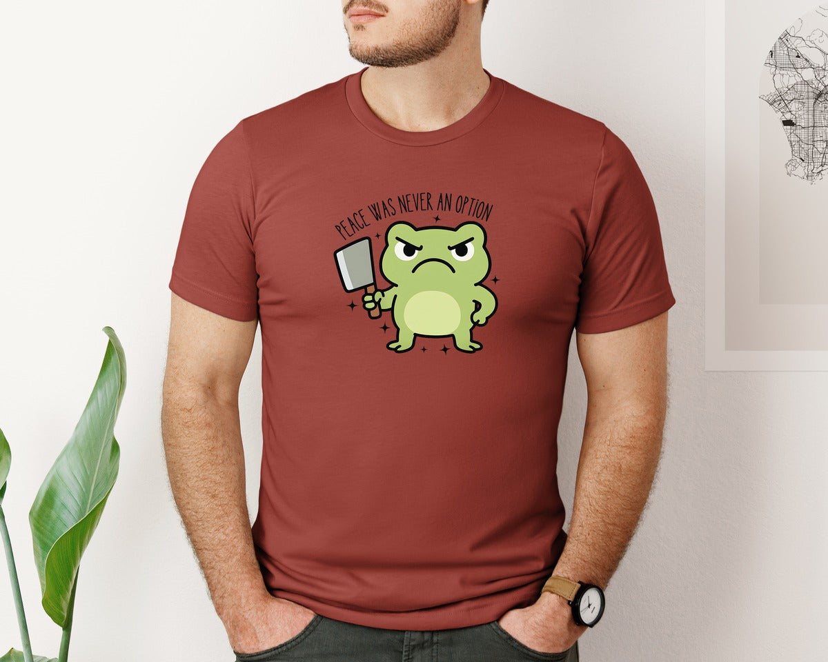 brand:Bella Canvas|color:Rust|Peace Was Never An Option Frog Graphic T-Shirt