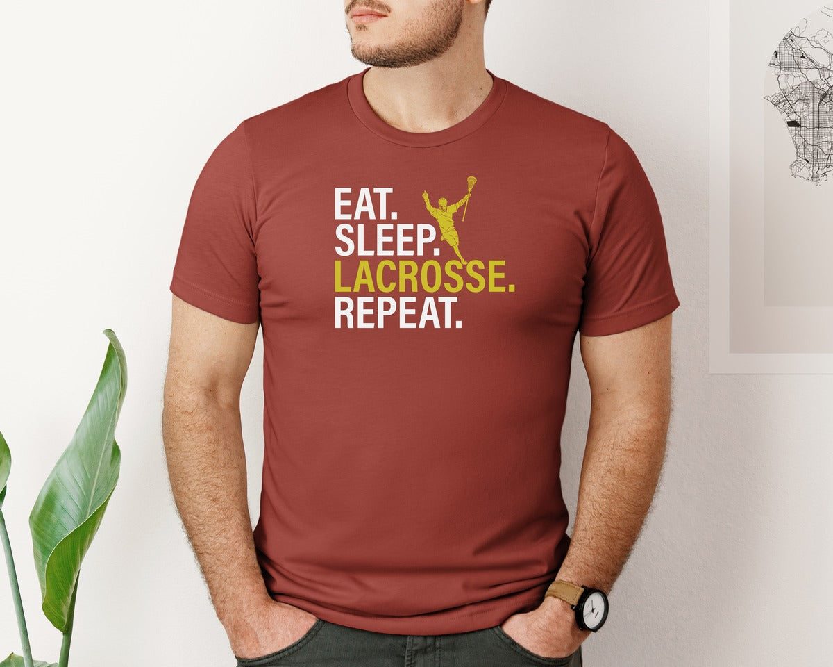 brand:Bella Canvas|color:Rust|Eat Sleep Lacrosse Repeat Sports Team Graphic T-Shirt