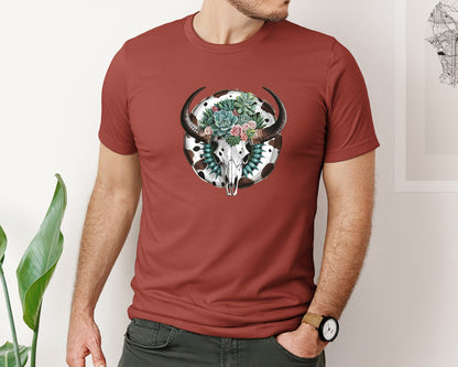 brand:Bella Canvas|color:Rust|Boho Cow Skull With Succulent 2 Graphic T-Shirt
