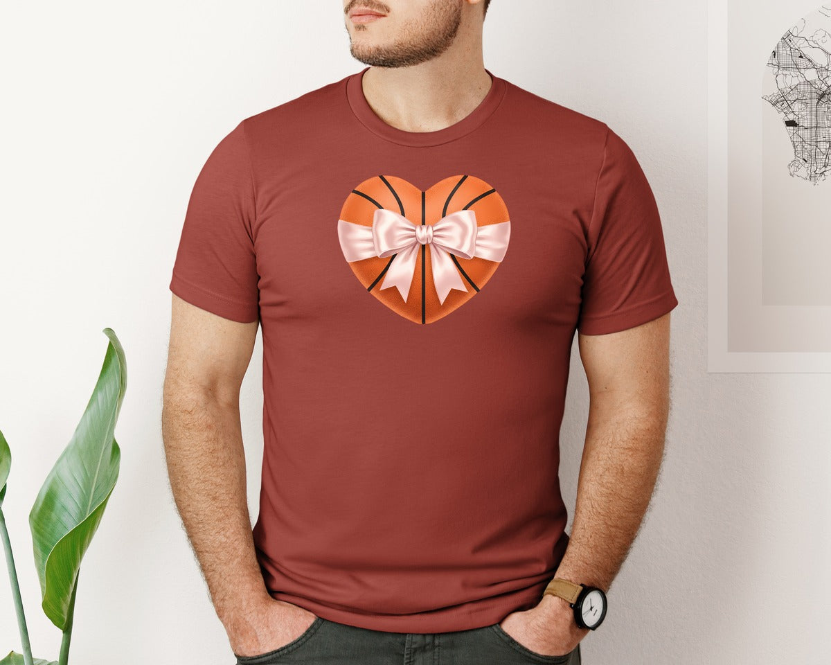 brand:Bella Canvas|color:Rust|Heart Shape Basketball Coquette Bow Graphic T-Shirt