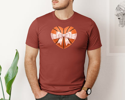 brand:Bella Canvas|color:Rust|Heart Shape Basketball Coquette Bow Graphic T-Shirt