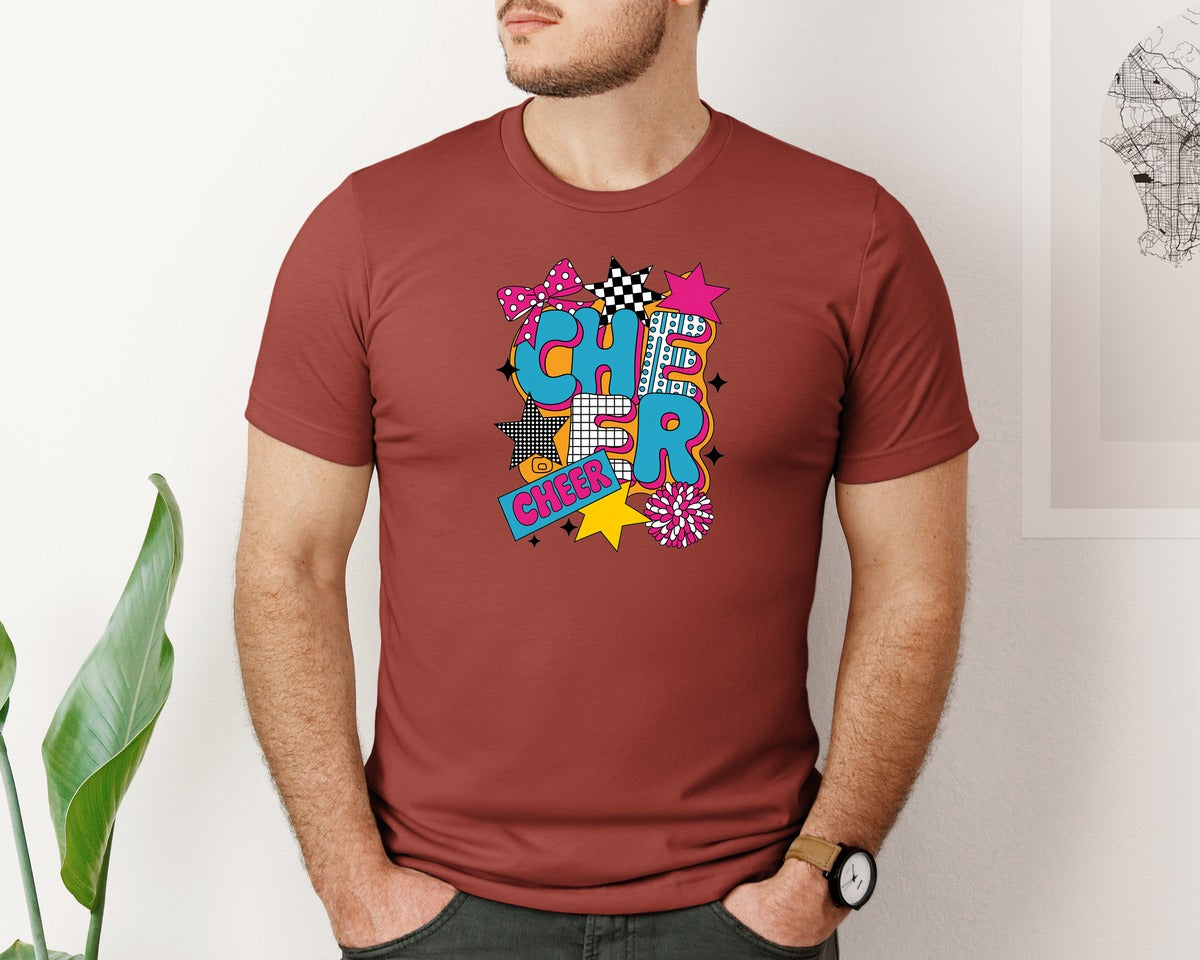 brand:Bella Canvas|color:Rust|Cheer Preppy Cheer Mom Colorful Bow Graphic T-Shirt