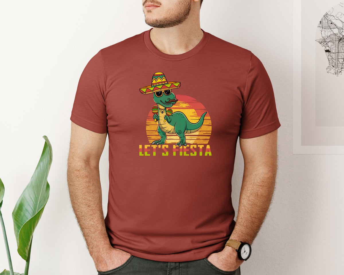brand:Bella Canvas|color:Rust|Lets Fiesta Dinosaur Cinco De Mayo Graphic T-Shirt