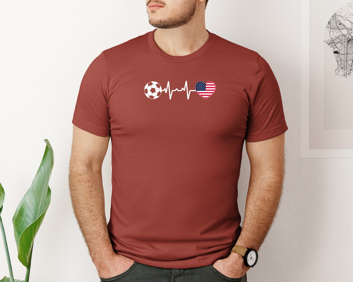 brand:Bella Canvas|color:Rust|Usa Flag Football Soccer Heartbeat Graphic T-Shirt