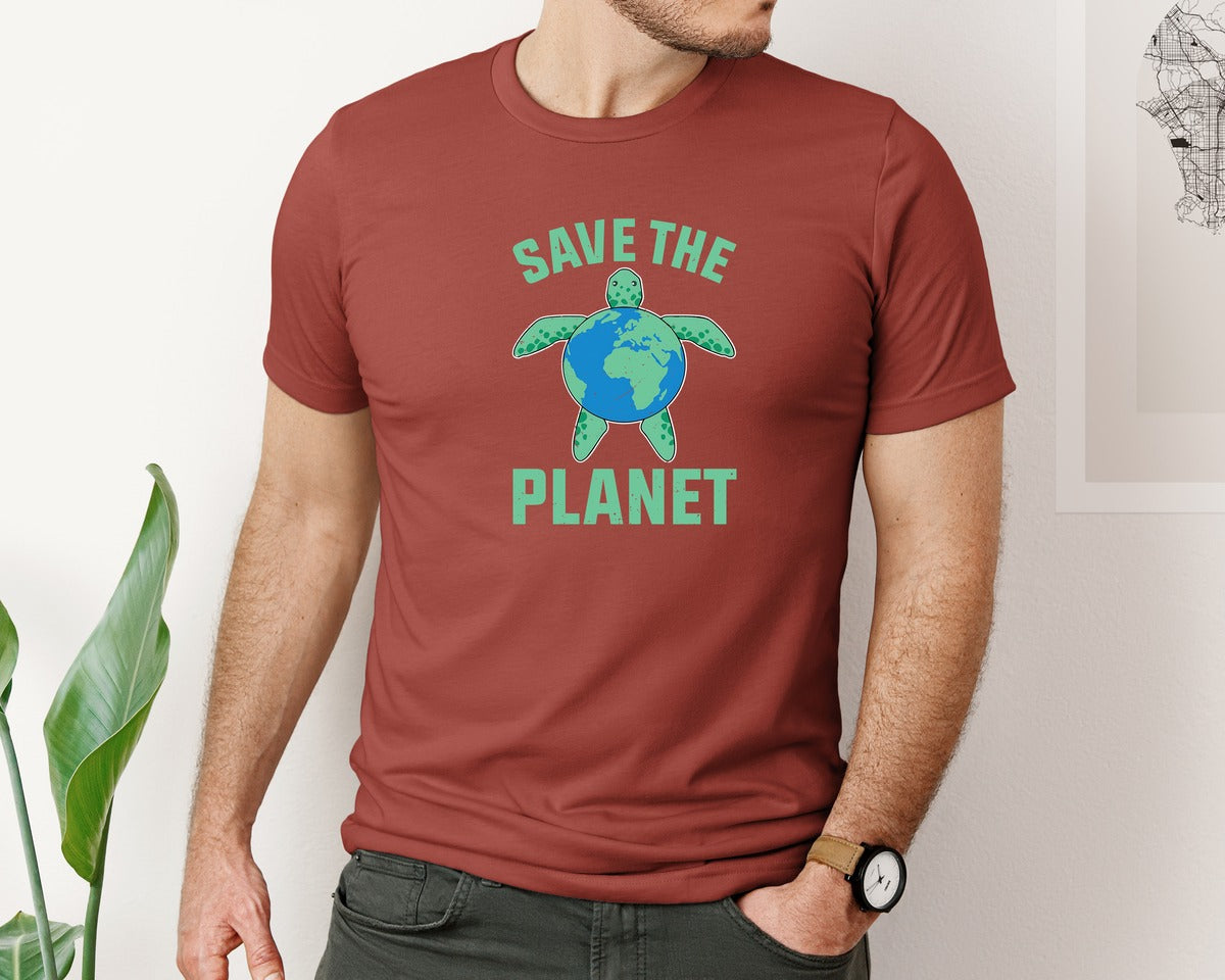 brand:Bella Canvas|color:Rust|Save The Planet Turtle Earth Globe Graphic T-Shirt