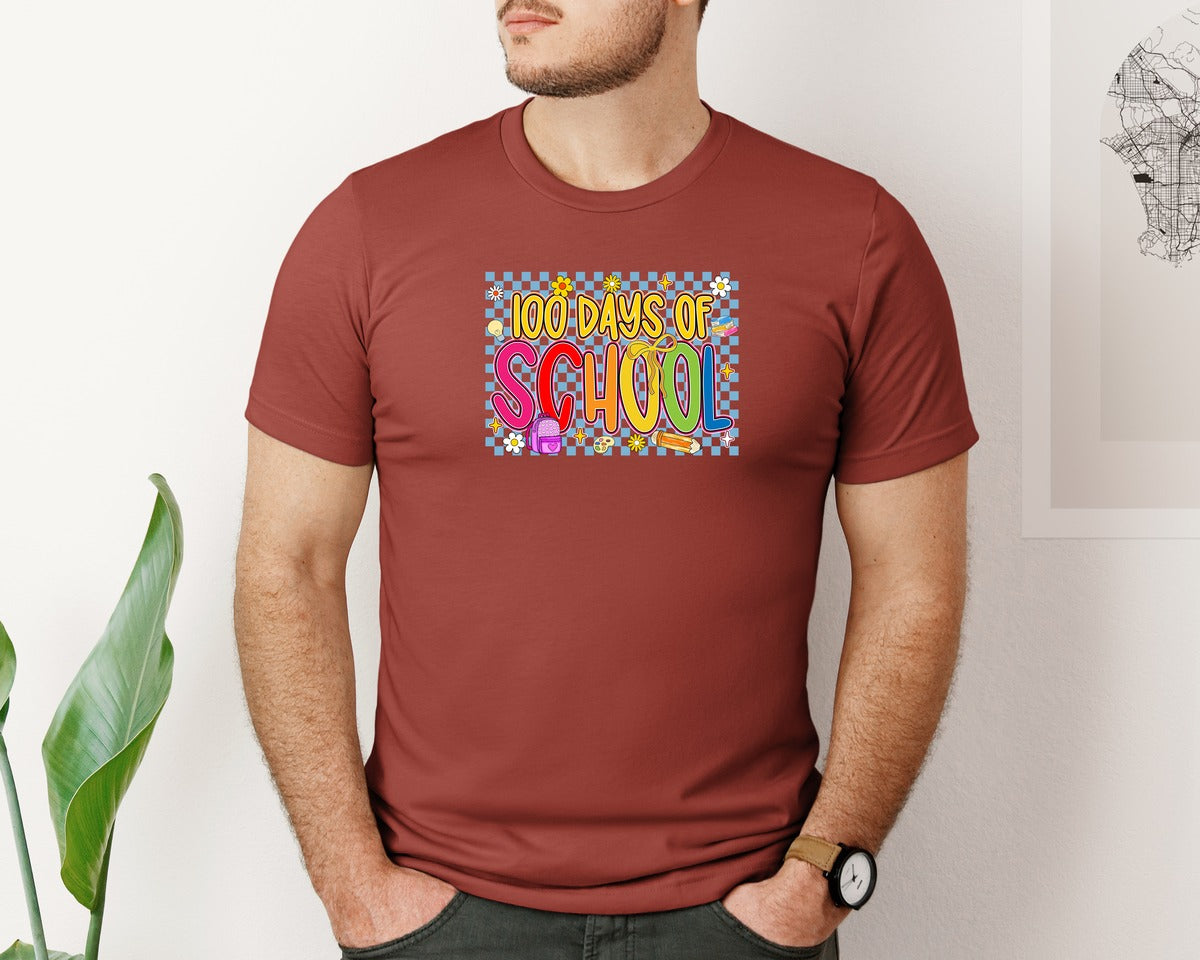 brand:Bella Canvas|color:Rust|Checkered 100 Days School Bow Shirt Graphic T-Shirt