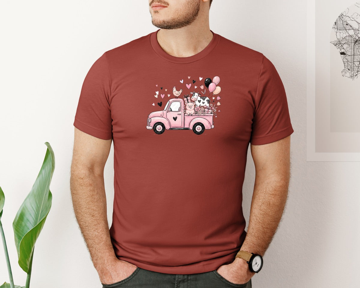 brand:Bella Canvas|color:Rust|Pink Farm Truck Valentine Graphic T-Shirt
