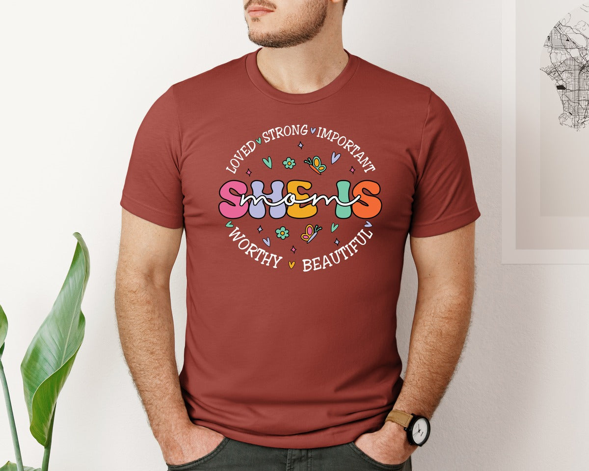 brand:Bella Canvas|color:Rust|She Is Mom Happy Mama Mothers Day Graphic T-Shirt