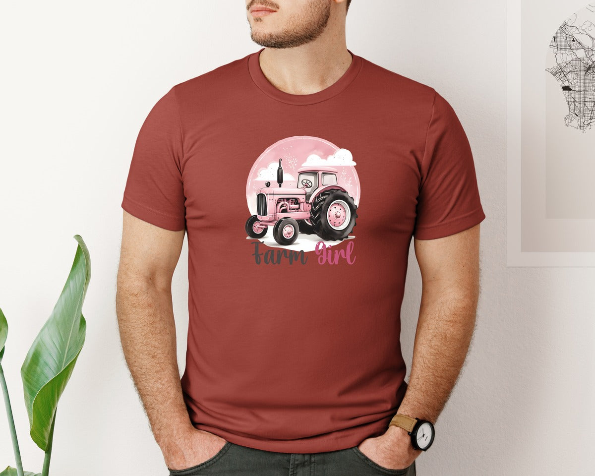 brand:Bella Canvas|color:Rust|Farm Girl Pink Tractor Graphic T-Shirt