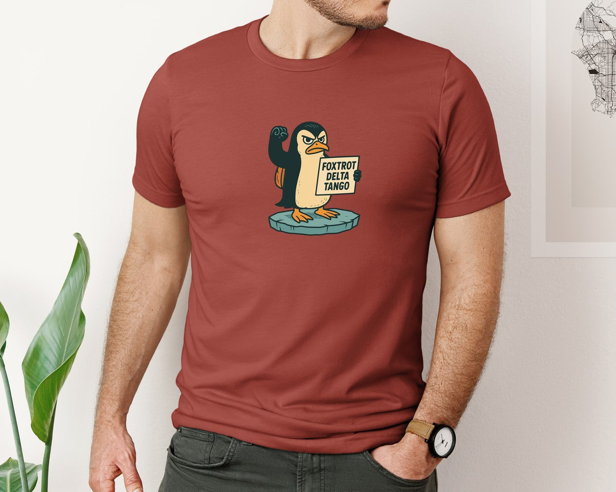 brand:Bella Canvas|color:Rust|Funny Penguin Penguins Againts Tariffs Graphic T-Shirt