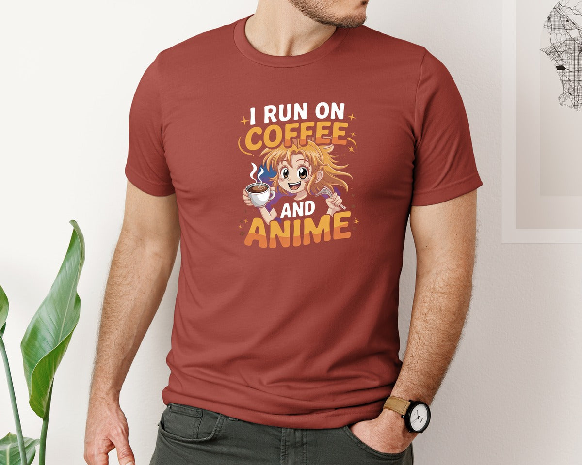 brand:Bella Canvas|color:Rust|I Run On Coffee And Anime T Shirt Graphic T-Shirt