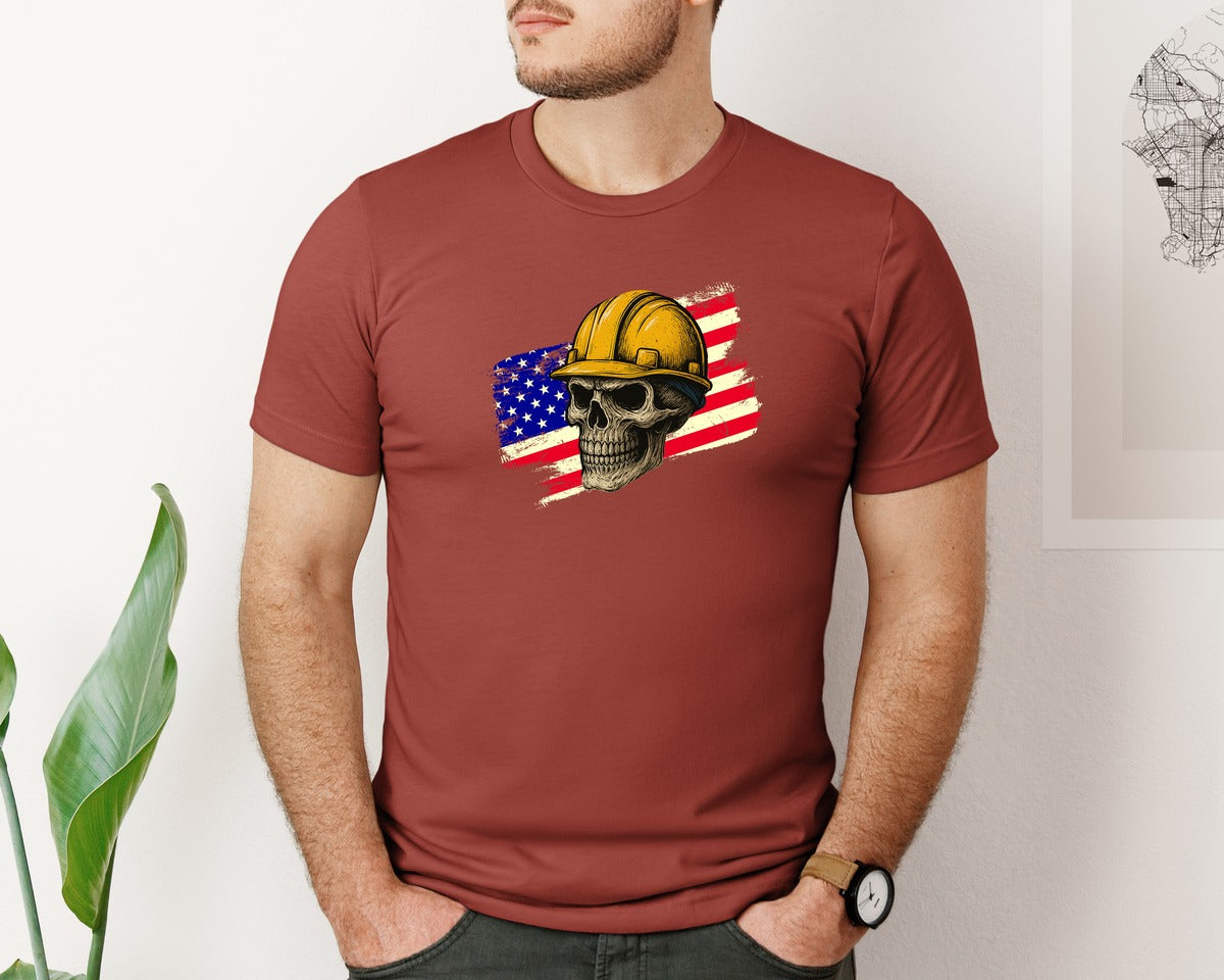 brand:Bella Canvas|color:Rust|Skull Hard Hat Construction Skull Graphic T-Shirt