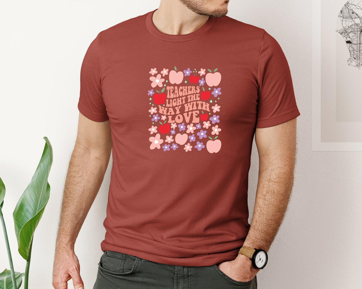 brand:Bella Canvas|color:Rust|Teachers Light The Way With Love Graphic T-Shirt