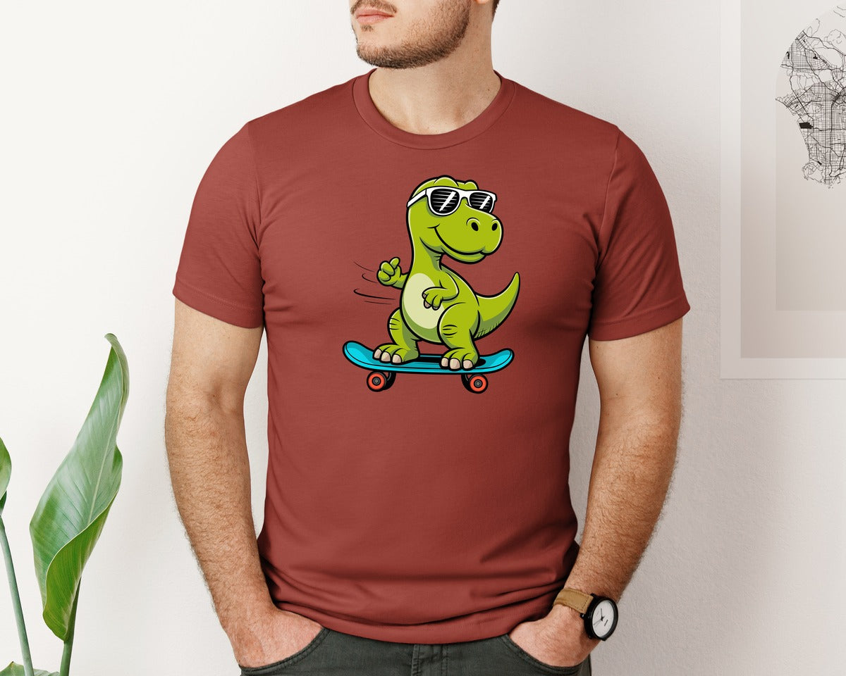 brand:Bella Canvas|color:Rust|Skateboarding Dinosaur With Sunglasses Graphic T-Shirt