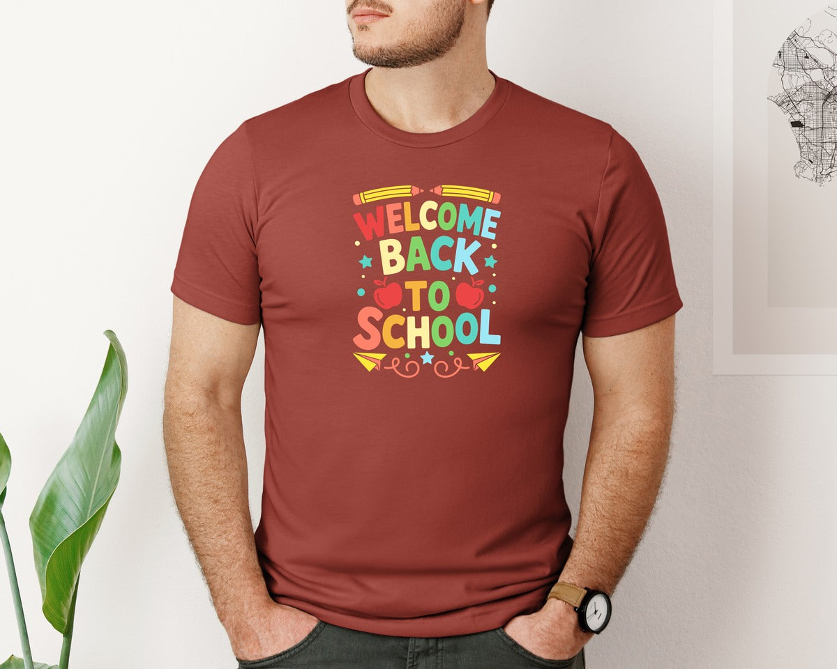 brand:Bella Canvas|color:Rust|Welcome Back School Quote Art Graphic T-Shirt