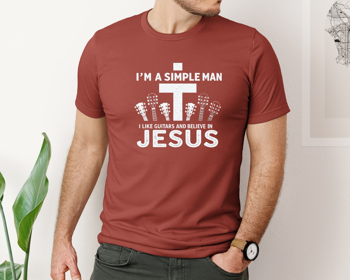 brand:Bella Canvas|color:Rust|Christian Guitar Im A Simple Man Graphic T-Shirt